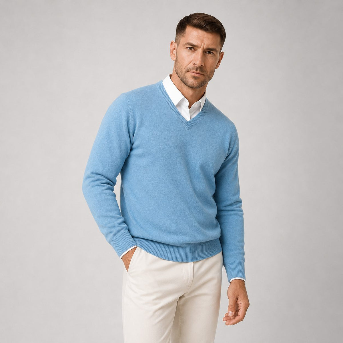 V-Neck Slim Fit Knit Jumper for Men - Light Blue