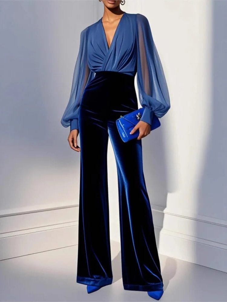 V-Neck Velvet Wide Leg Jumpsuit for Women