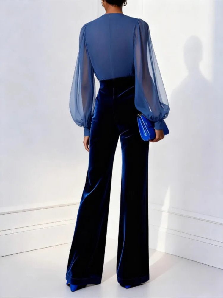 V-Neck Velvet Wide Leg Jumpsuit for Women - View 2