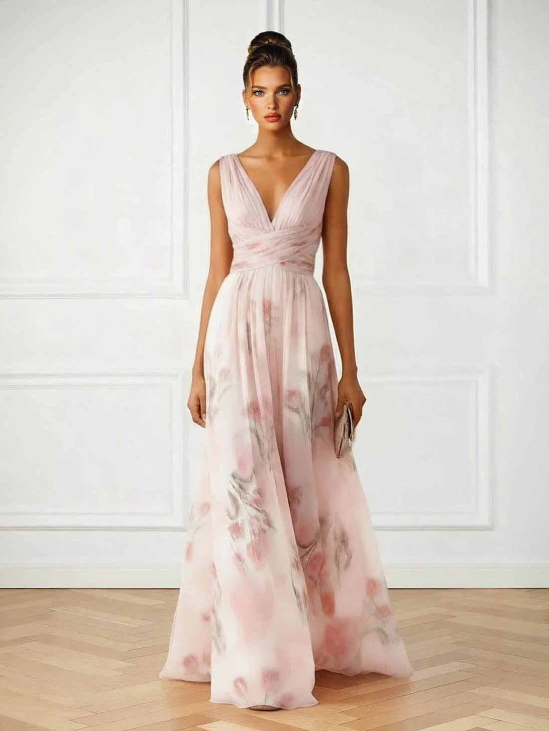 V-Neck Wedding Guest Floral Maxi Dress for Women