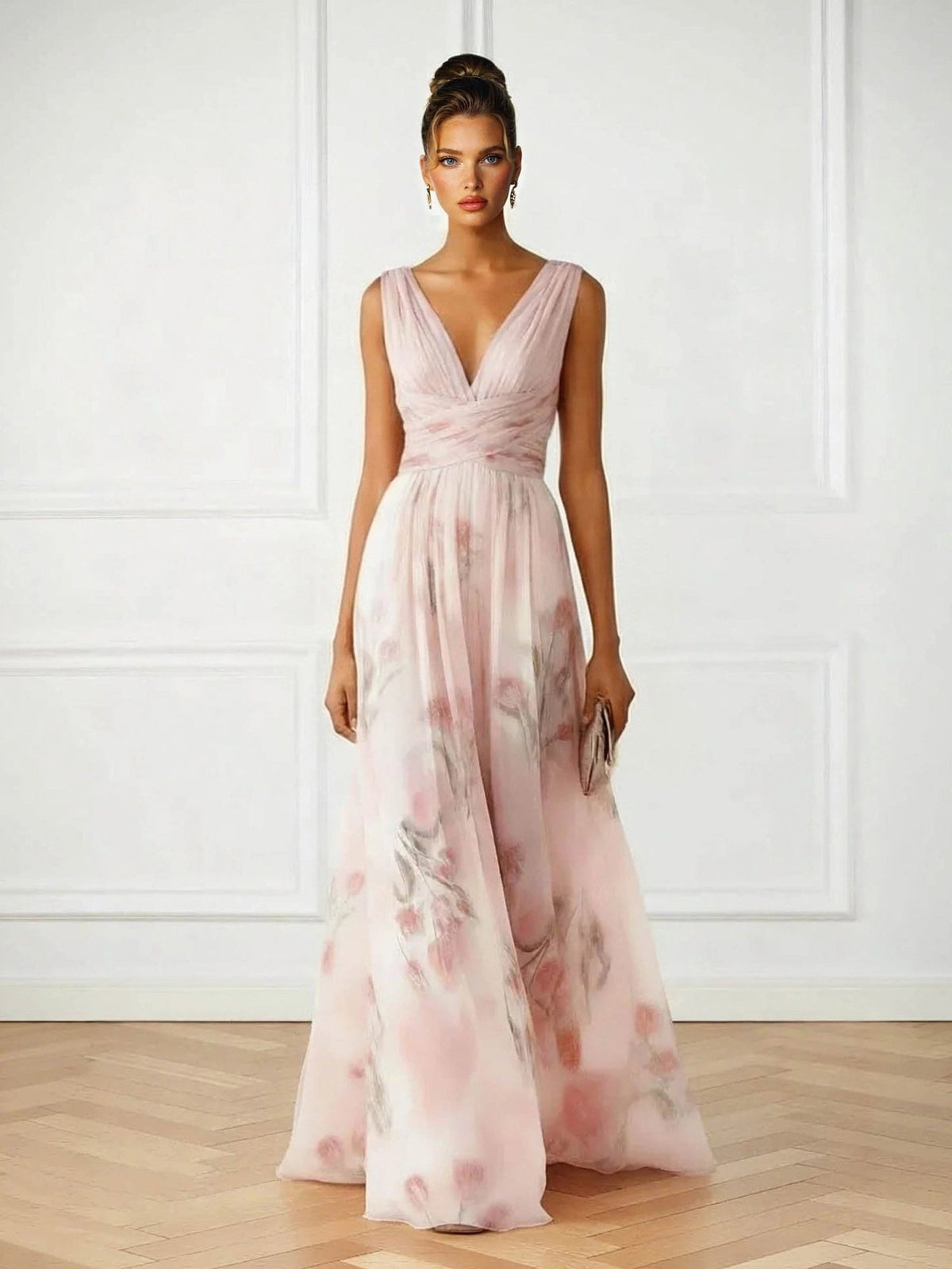 V-Neck Wedding Guest Floral Maxi Dress for Women