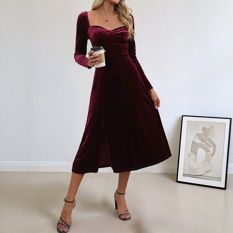 Velvet A-Line Long Sleeve Wedding Guest Autumn Midi Dress for Women - Burgundy