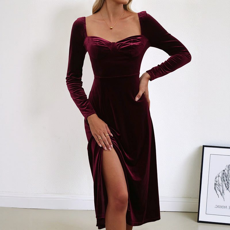 Velvet A-Line Long Sleeve Wedding Guest Autumn Midi Dress for Women