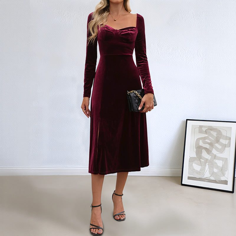 Velvet A-Line Long Sleeve Wedding Guest Autumn Midi Dress for Women - View 2
