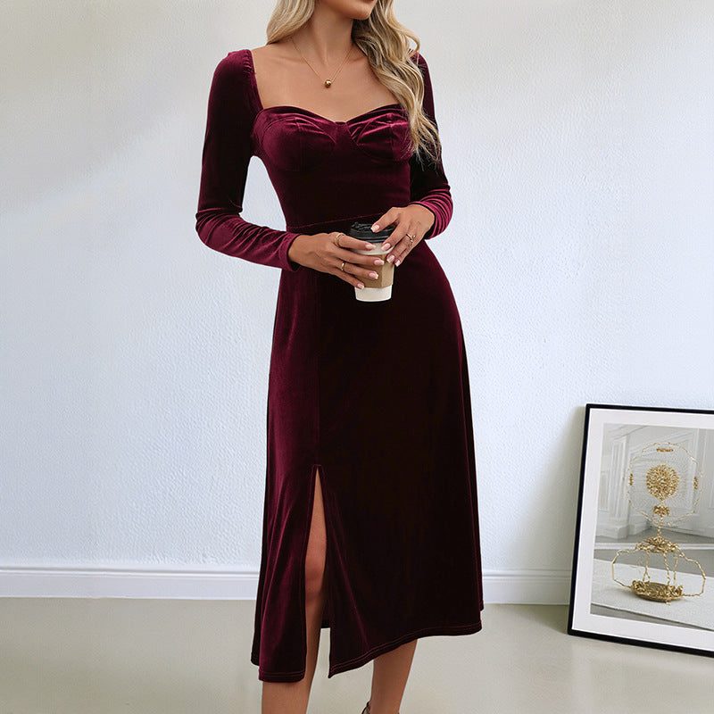 Velvet A-Line Long Sleeve Wedding Guest Autumn Midi Dress for Women - View 3