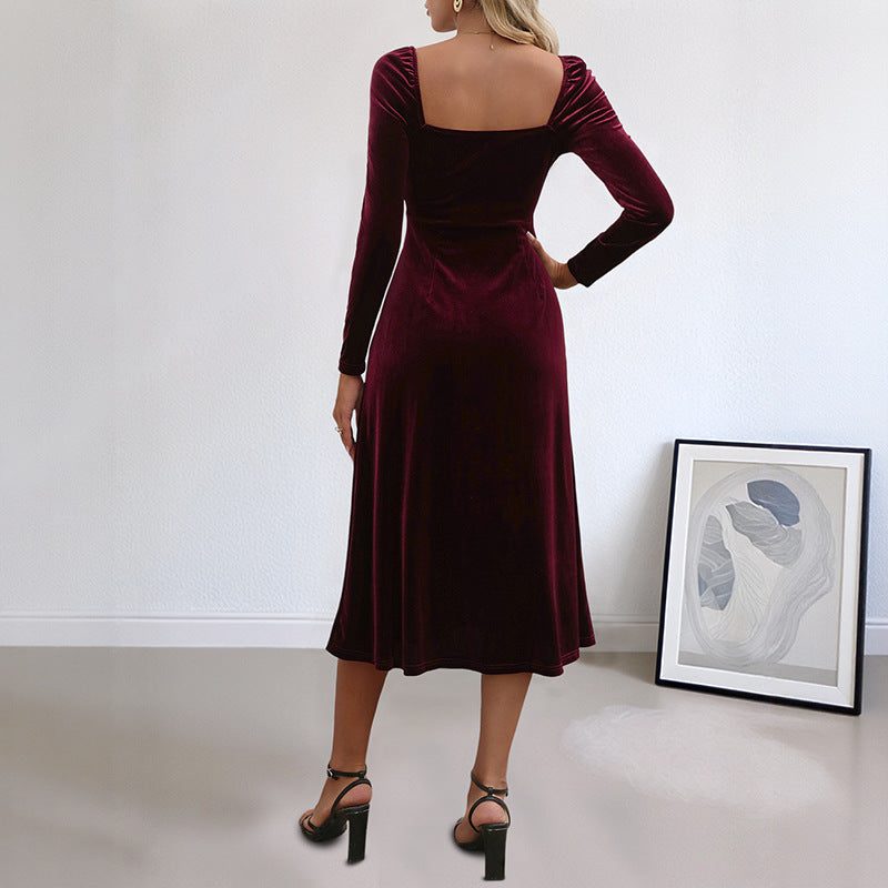 Velvet A-Line Long Sleeve Wedding Guest Autumn Midi Dress for Women - View 4