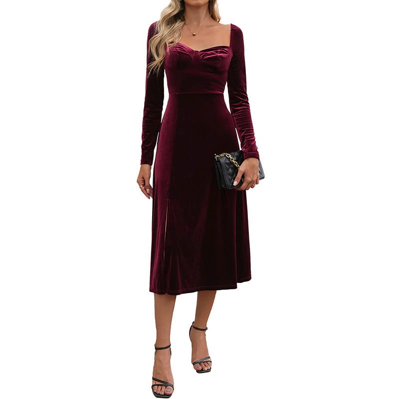 Velvet A-Line Long Sleeve Wedding Guest Autumn Midi Dress for Women - View 5