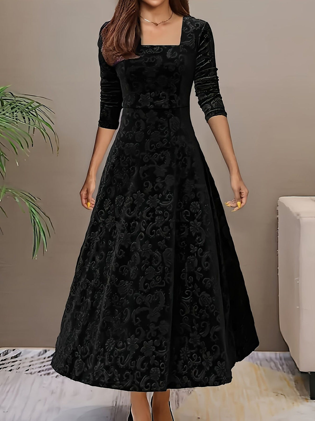 Velvet A-Line Maxi Dress with Square Neckline for Women