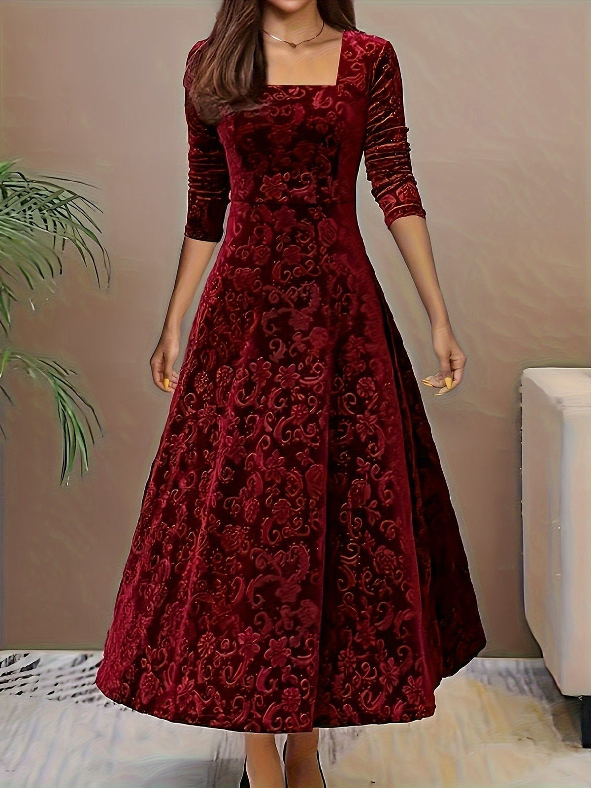 Velvet A-Line Maxi Dress with Square Neckline for Women - Red