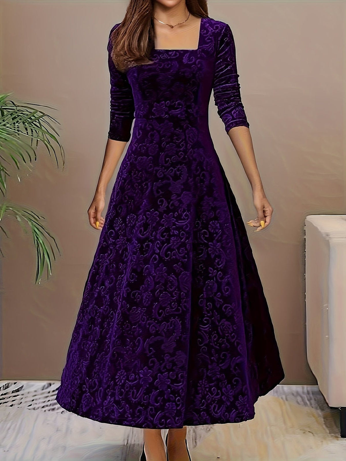 Velvet A-Line Maxi Dress with Square Neckline for Women - Purple