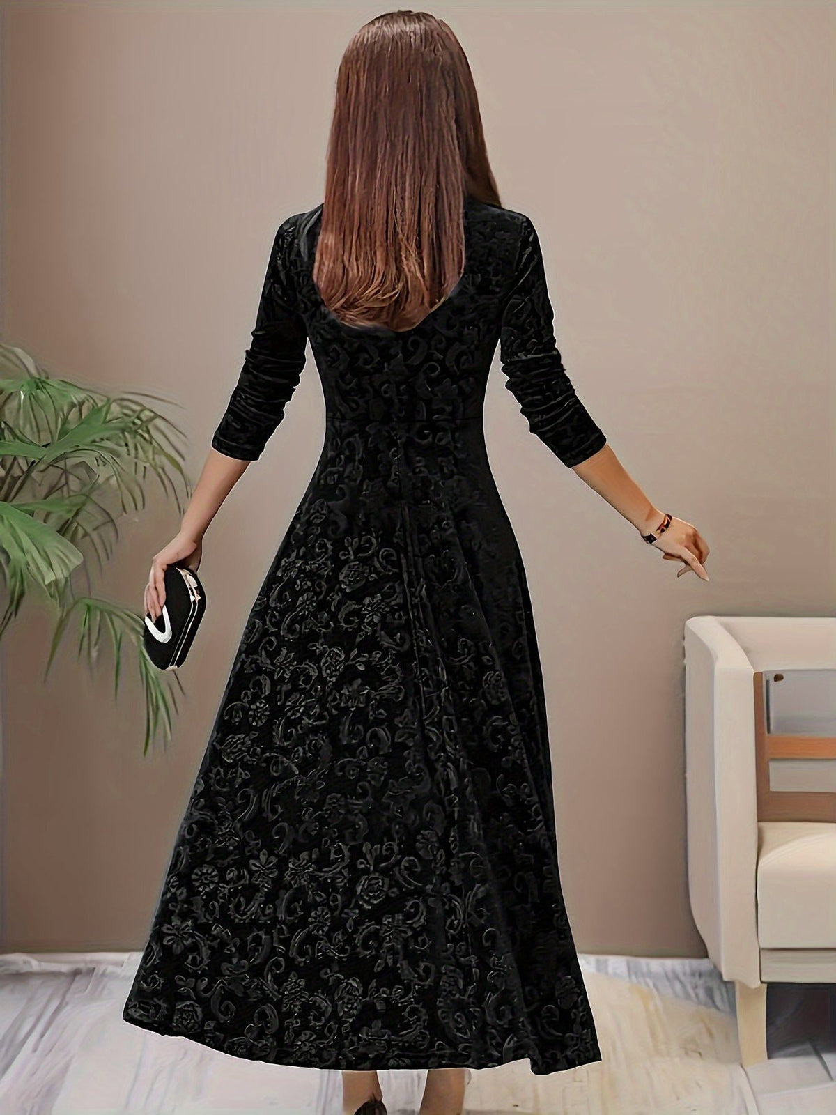 Velvet A-Line Maxi Dress with Square Neckline for Women - View 2