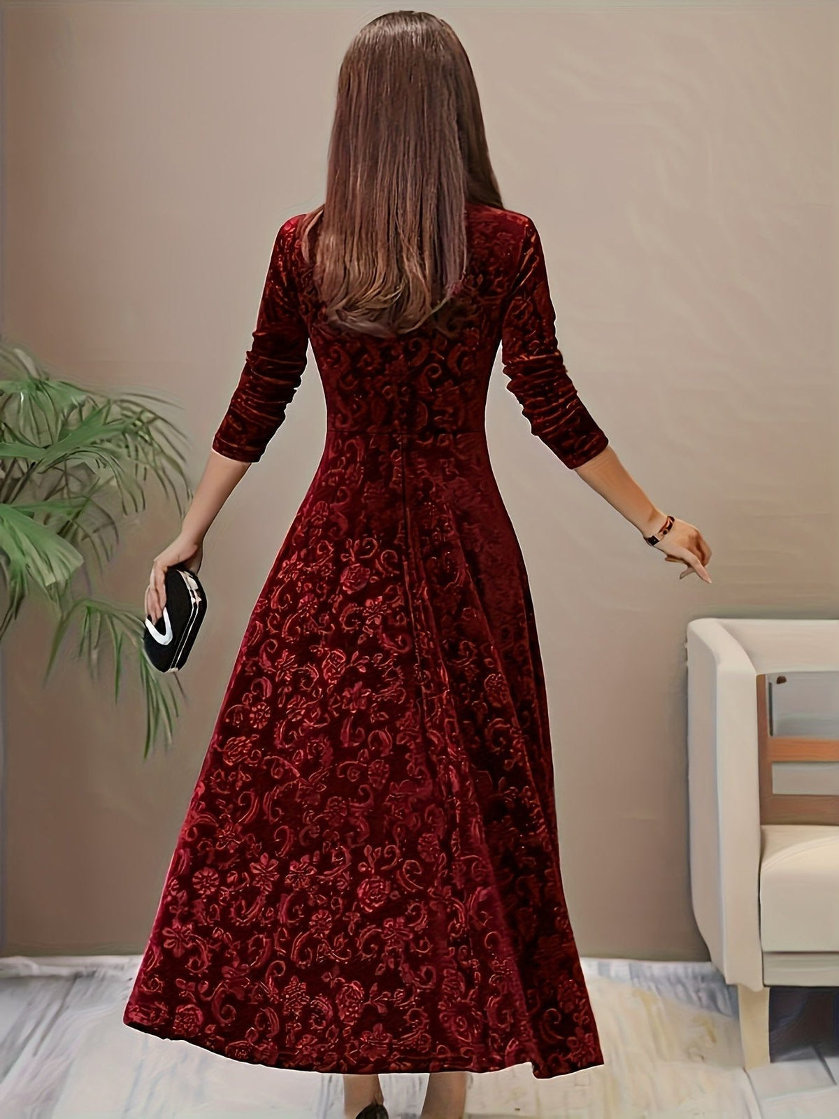 Velvet A-Line Maxi Dress with Square Neckline for Women - View 4