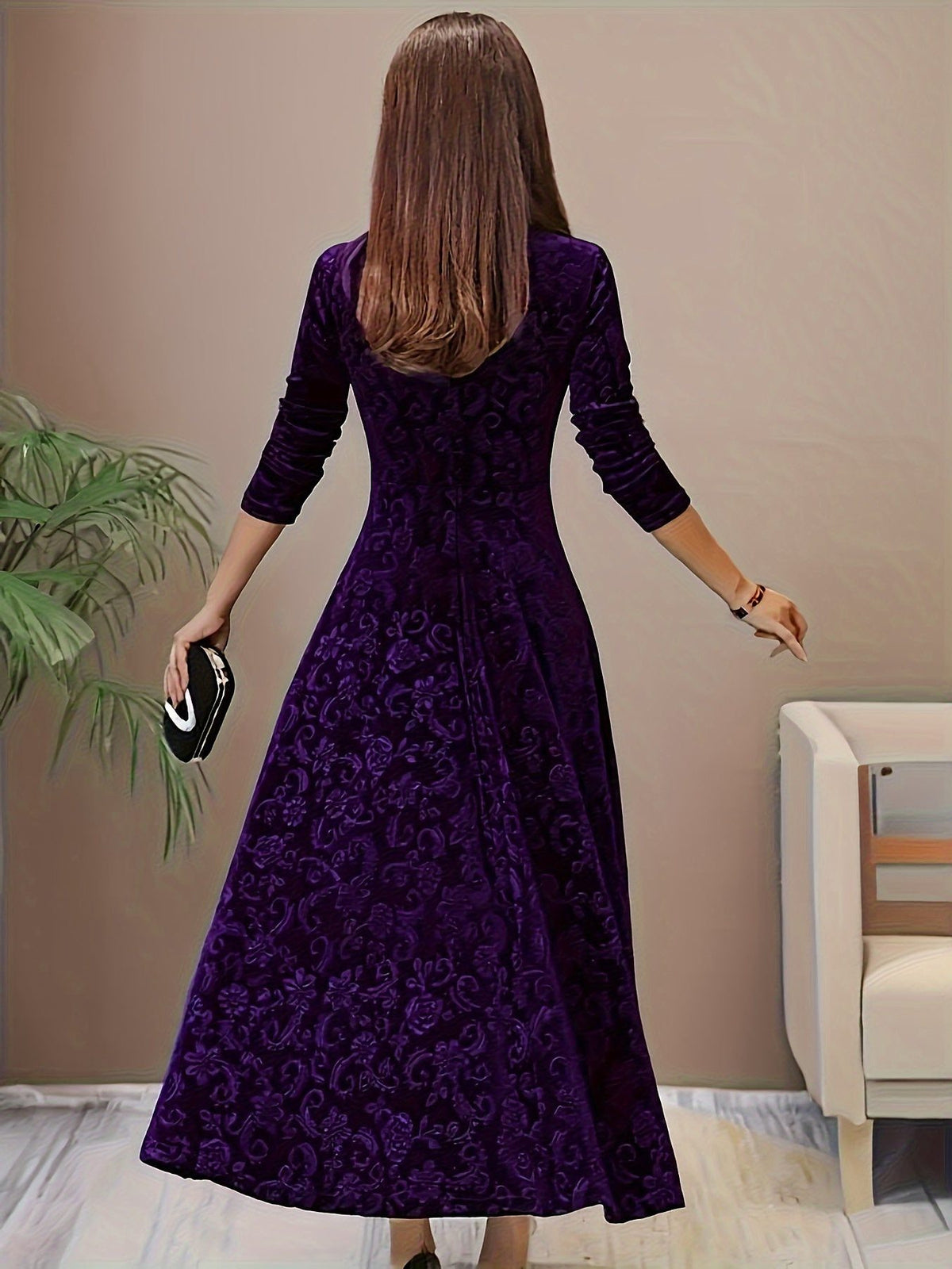 Velvet A-Line Maxi Dress with Square Neckline for Women - View 6
