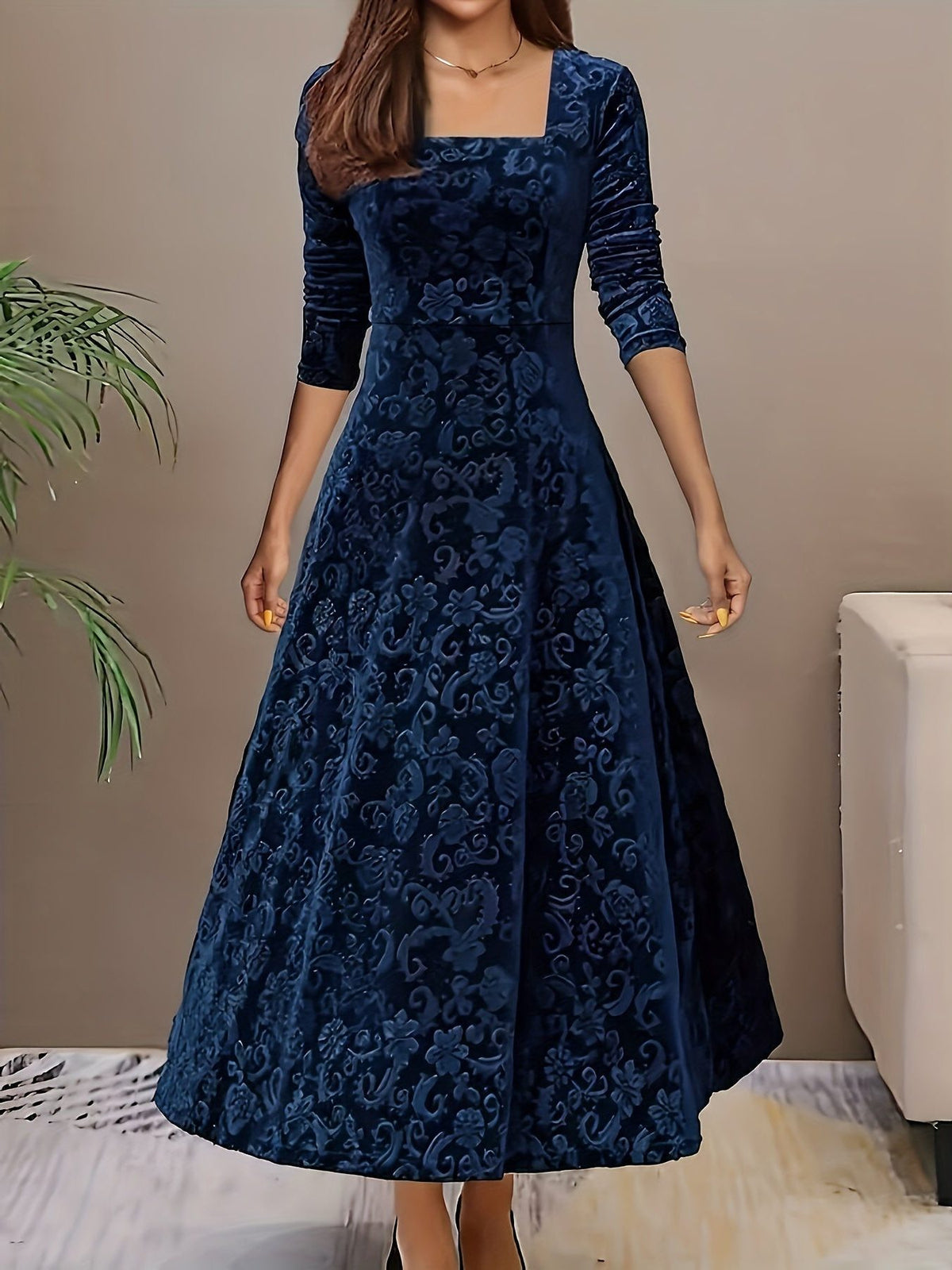 Velvet A-Line Maxi Dress with Square Neckline for Women - View 7