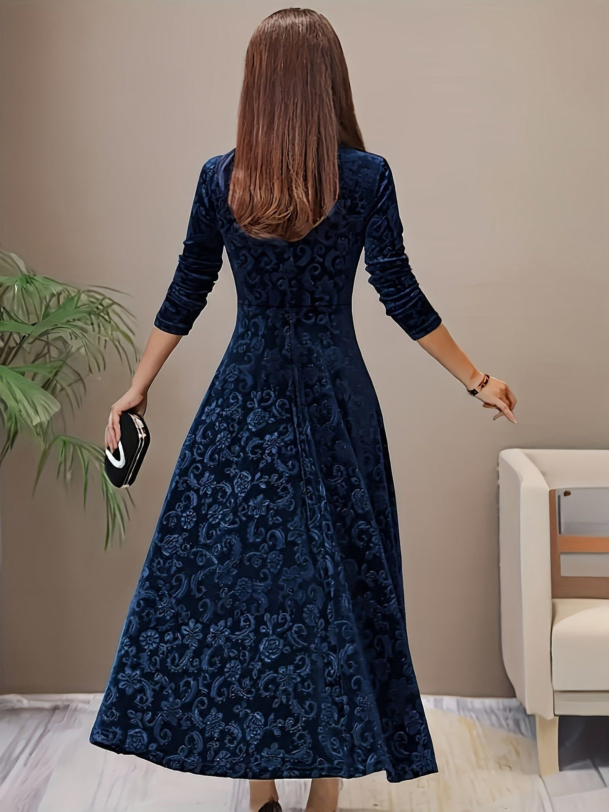 Velvet A-Line Maxi Dress with Square Neckline for Women - View 8