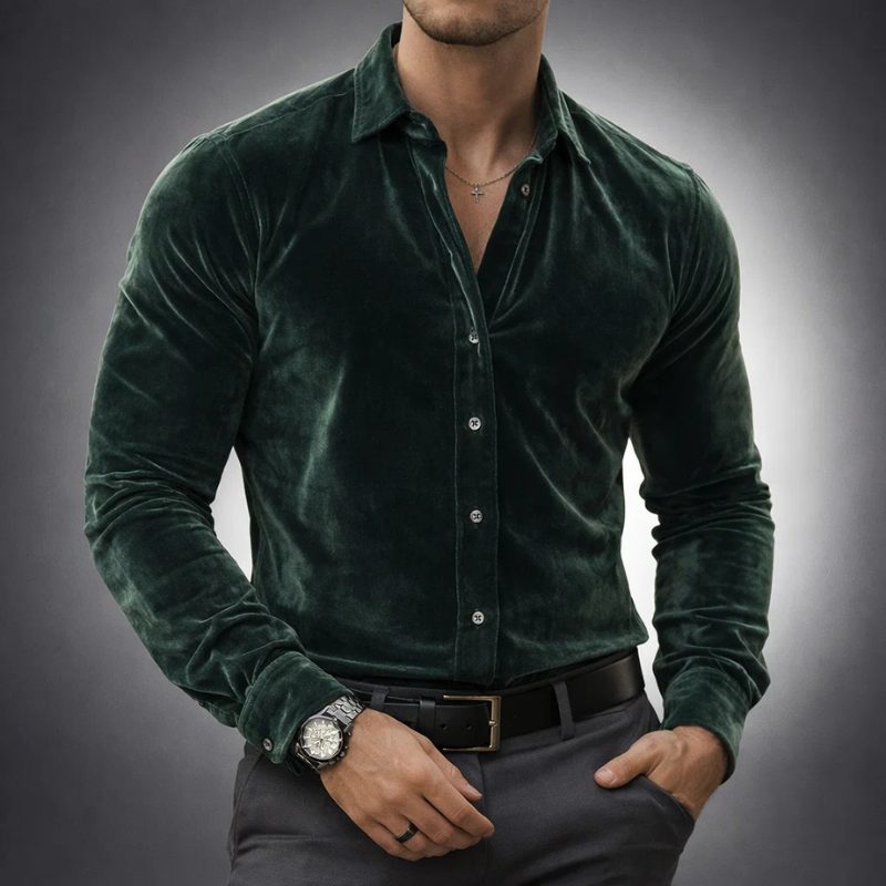 Velvet Button-Down Shirt for Men - Green