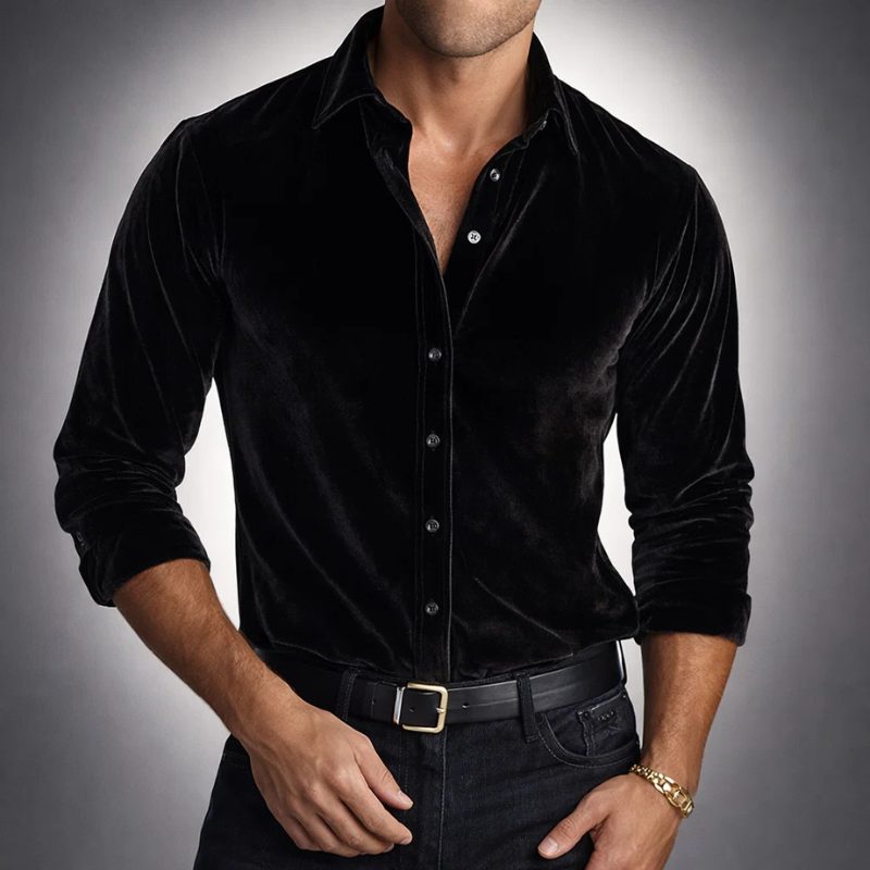 Velvet Button-Down Shirt for Men - Black