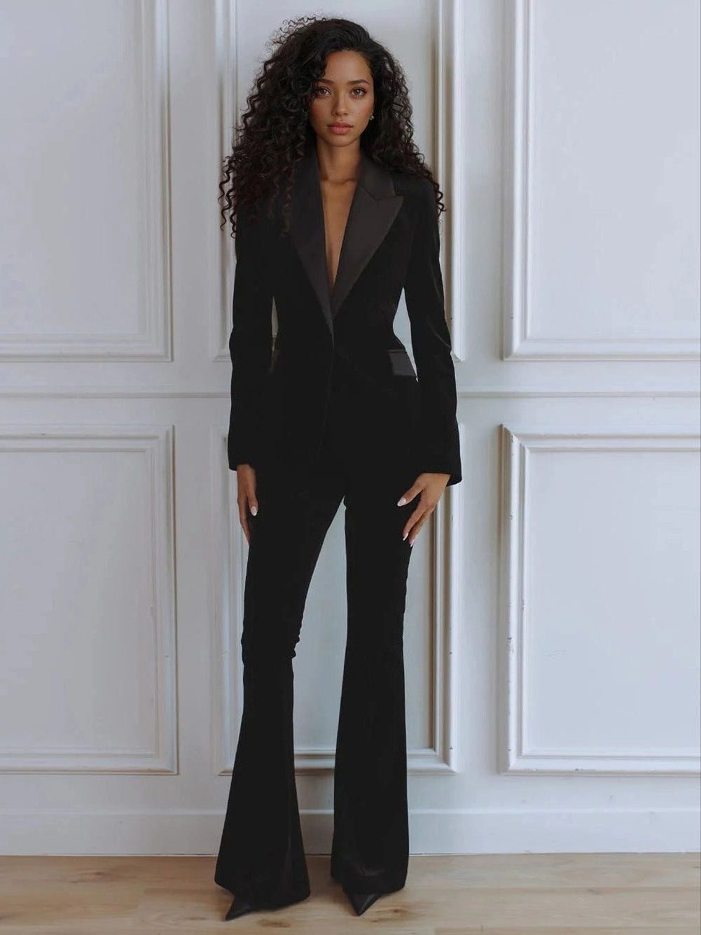 Velvet Flared Blazer Set for Women - Black