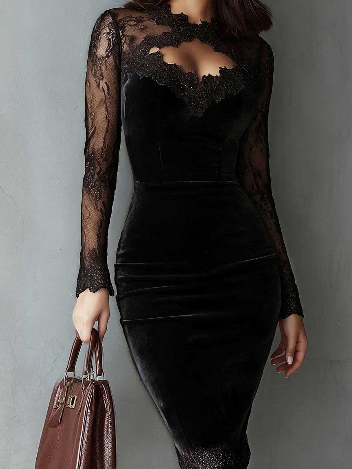 Velvet Midi Dress with Lace Inserts for Women - Black