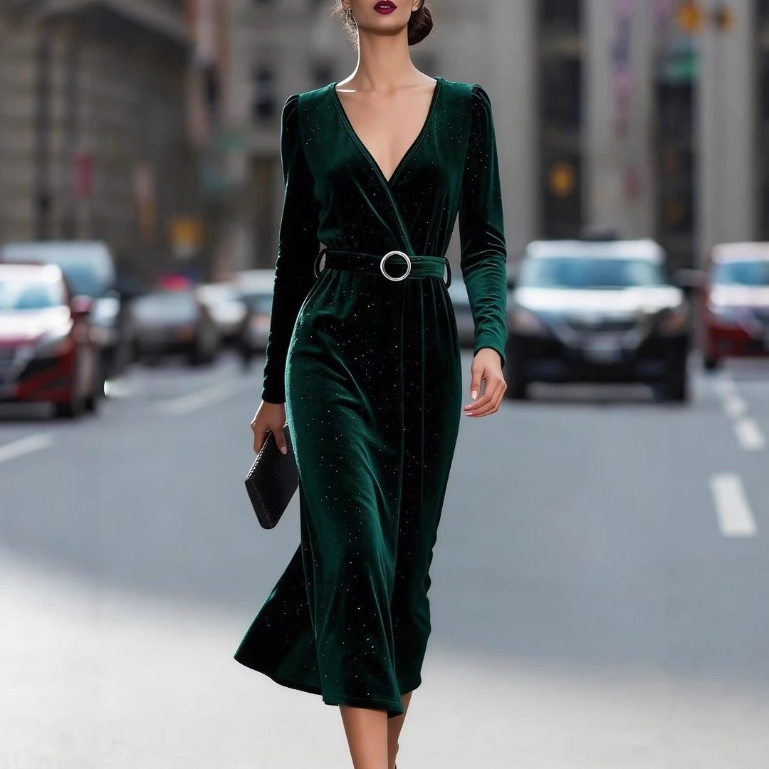 Velvet Midi Wrap Dress with V-Neck and Belt for Women