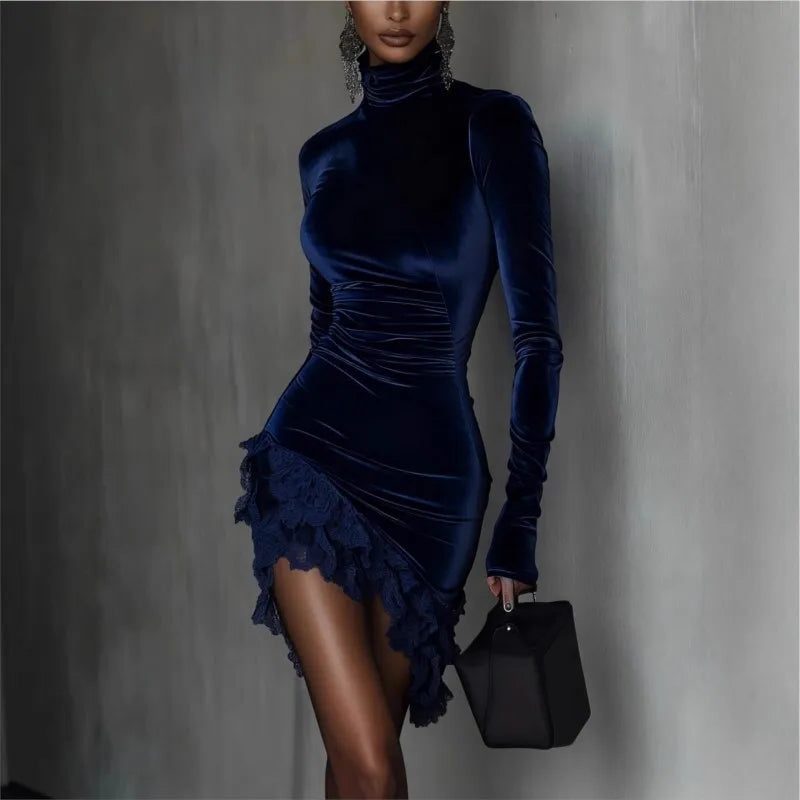 Velvet Roll Neck Ruched Mini Dress for Women