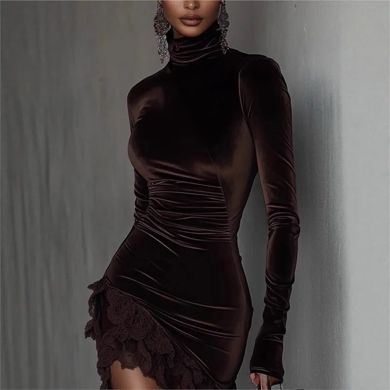 Velvet Roll Neck Ruched Mini Dress for Women - View 2