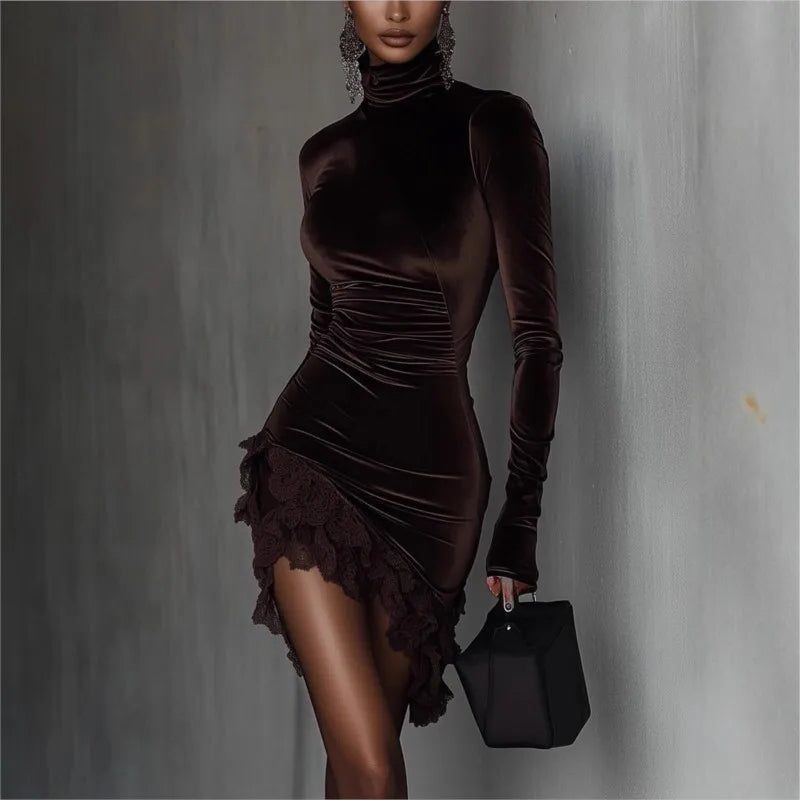 Velvet Roll Neck Ruched Mini Dress for Women - View 3