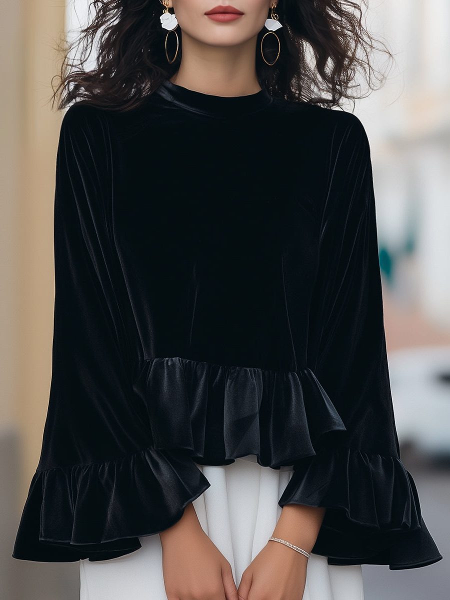 Velvet Ruffle-Trim Long Sleeve Blouse for Women
