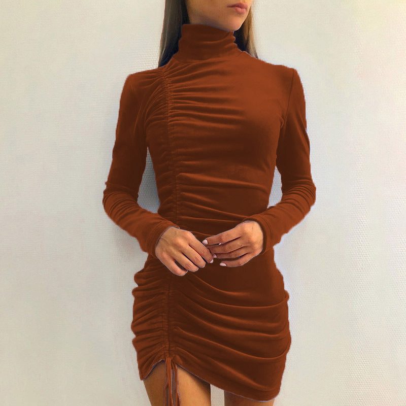 Velvet Stand Collar Ruched Mini Dress for Women - Braun