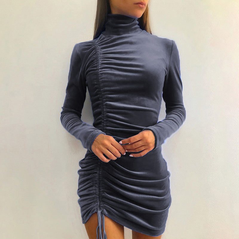 Velvet Stand Collar Ruched Mini Dress for Women - View 6