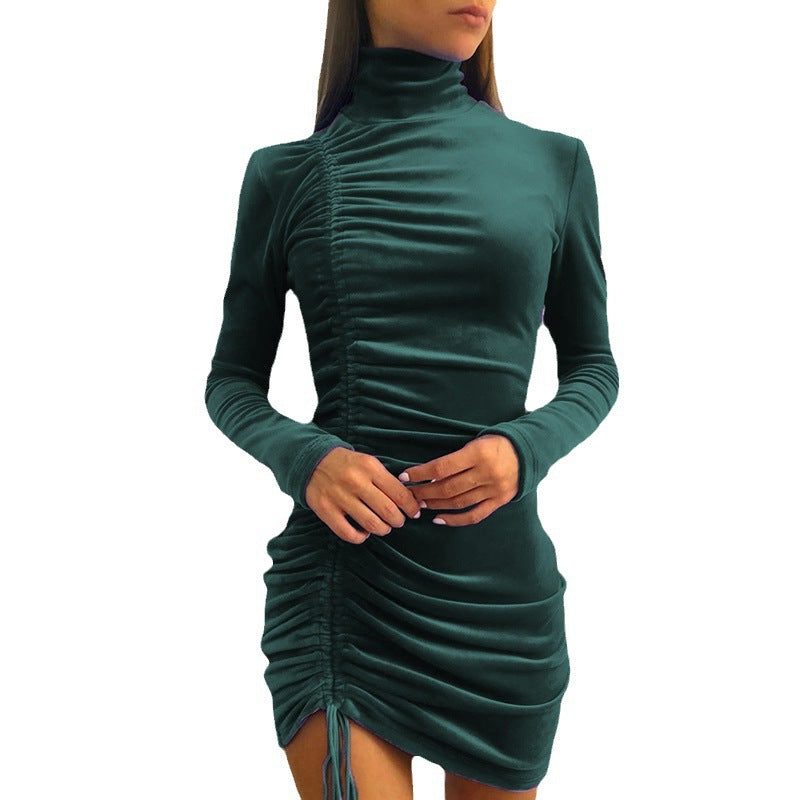 Velvet Stand Collar Ruched Mini Dress for Women - View 8