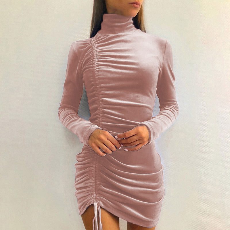 Velvet Stand Collar Ruched Mini Dress for Women - Rosa