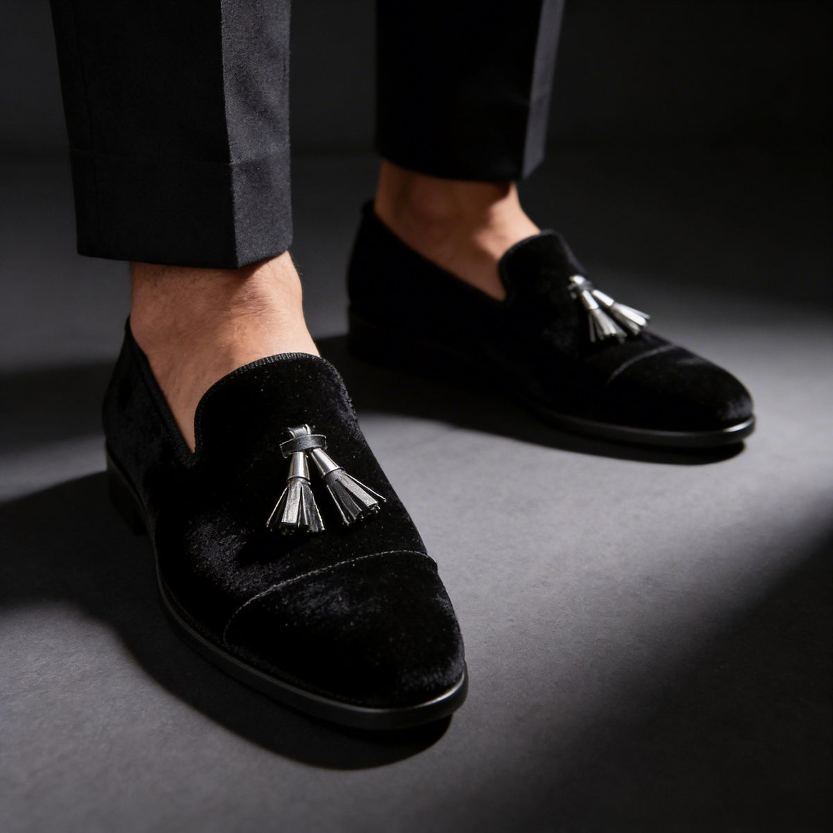Velvet Tassel Loafers for Men - Black