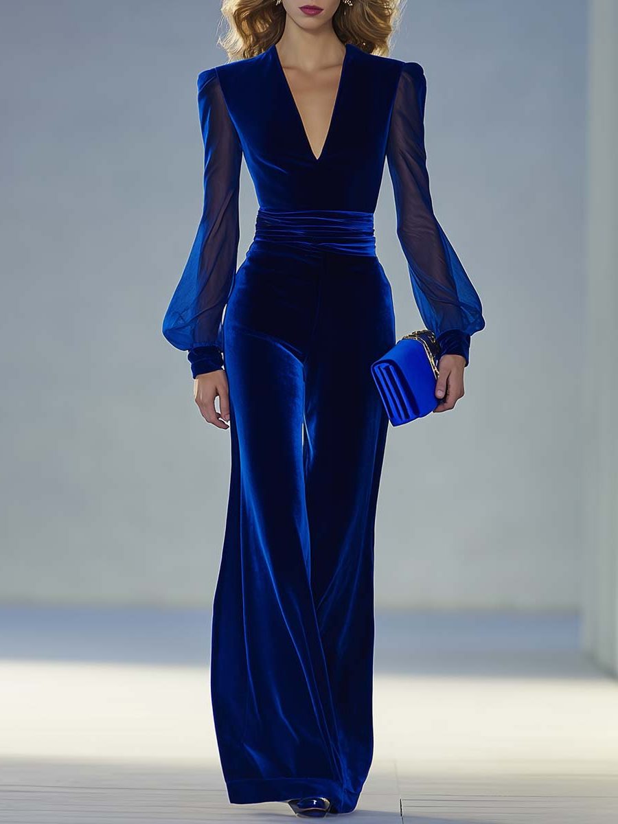 Velvet V-Neck Maxi Jumpsuit with Long Sleeves for Women