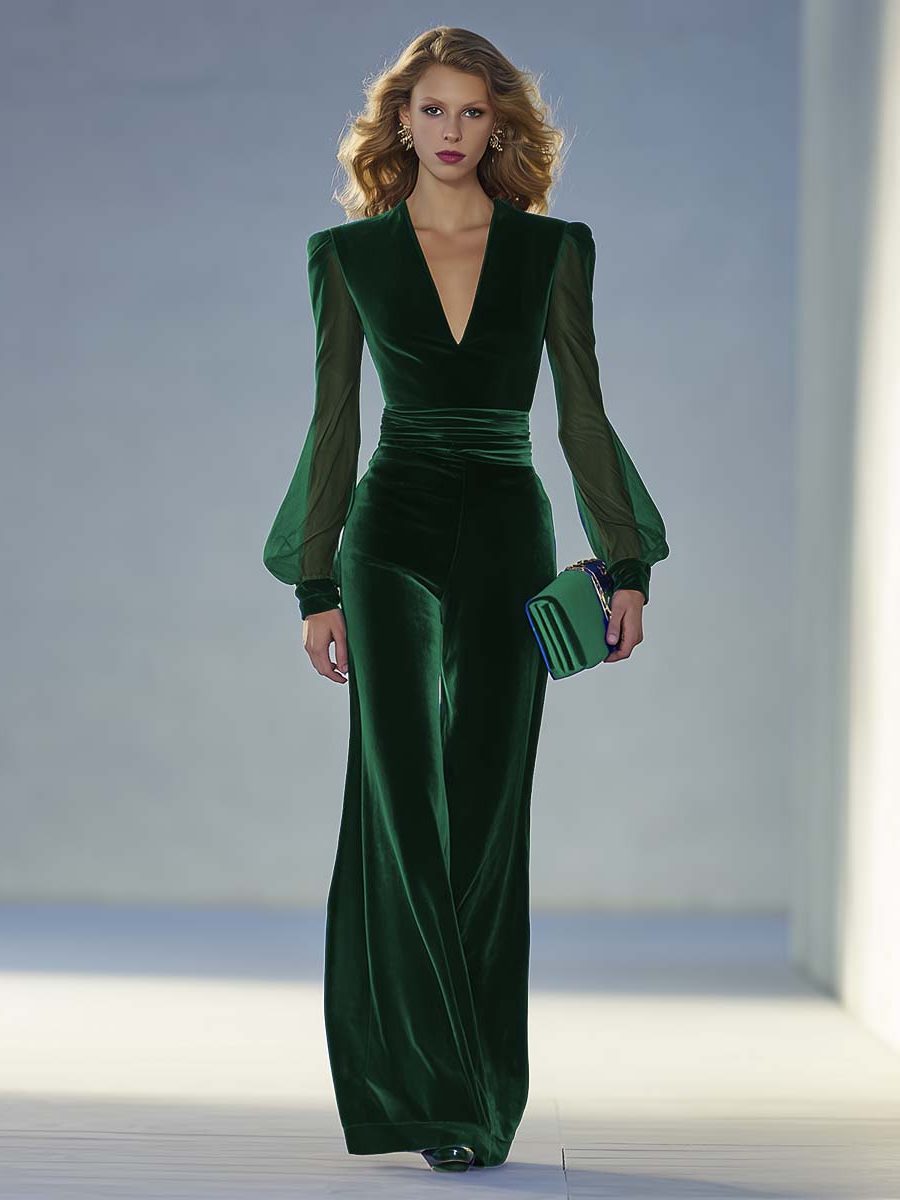 Velvet V-Neck Maxi Jumpsuit with Long Sleeves for Women - View 3