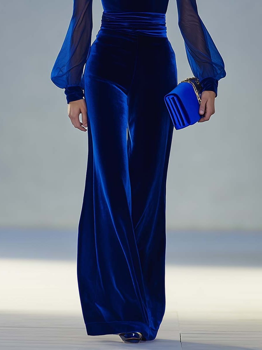 Velvet V-Neck Maxi Jumpsuit with Long Sleeves for Women - View 6