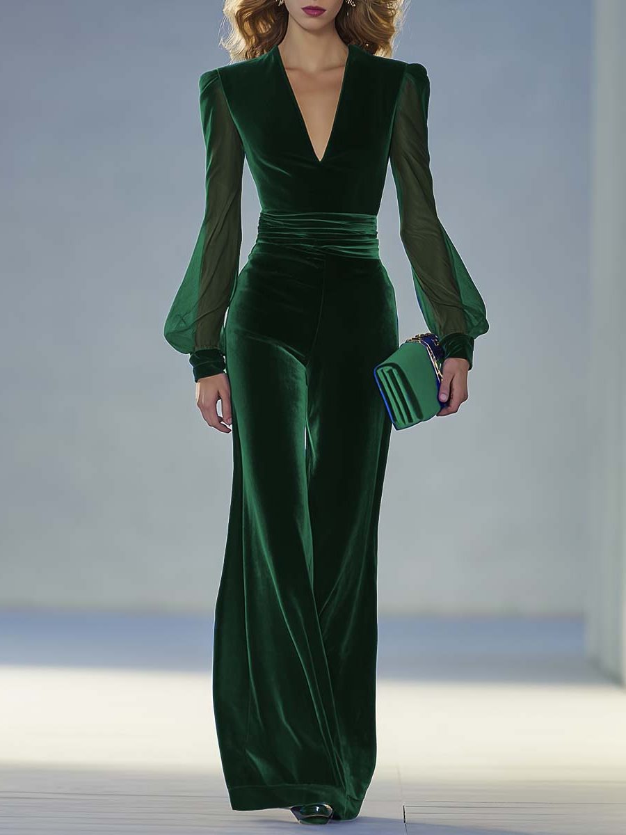 Velvet V-Neck Maxi Jumpsuit with Long Sleeves for Women - Verde Scuro