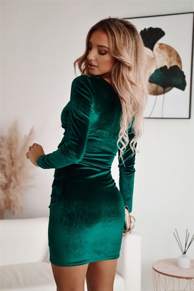Velvet V-Neck Ruched Bodycon Mini Dress for Women