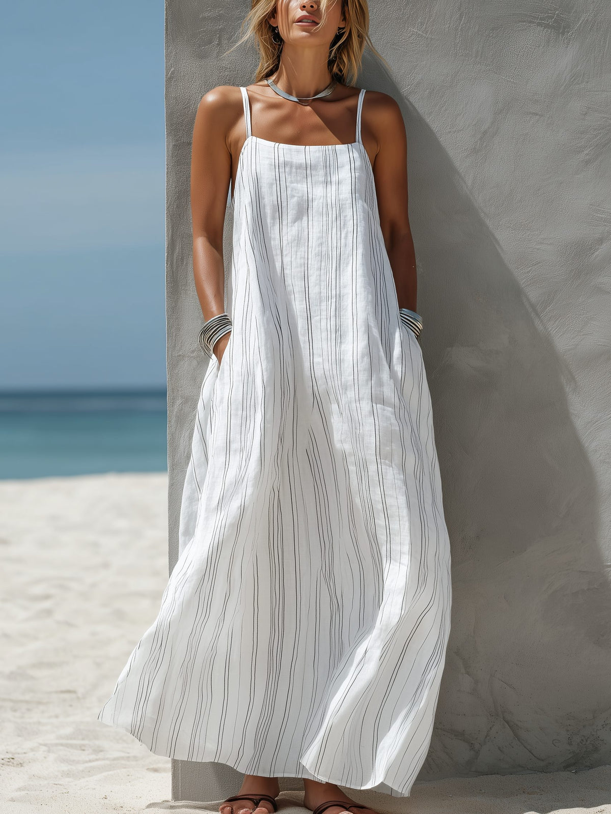 Vertical Striped Sleeveless Maxi Dress for Women