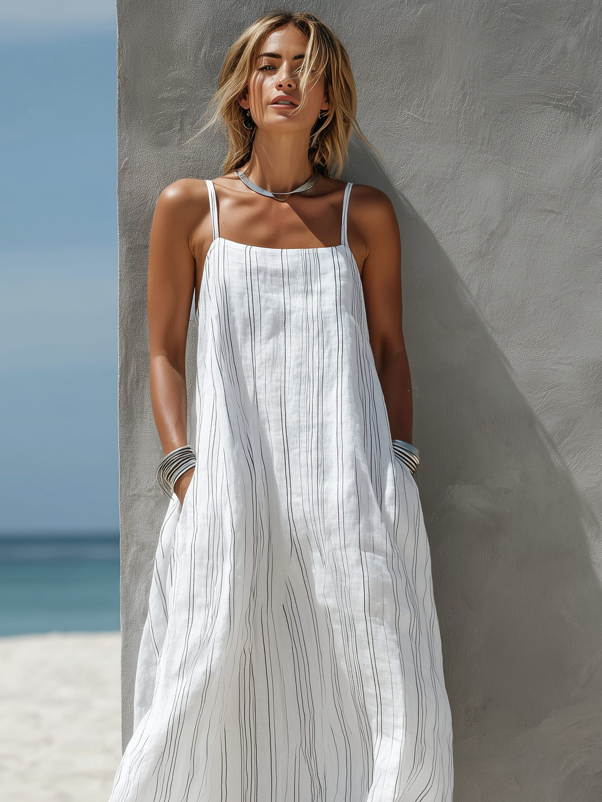 Vertical Striped Sleeveless Maxi Dress for Women - View 2