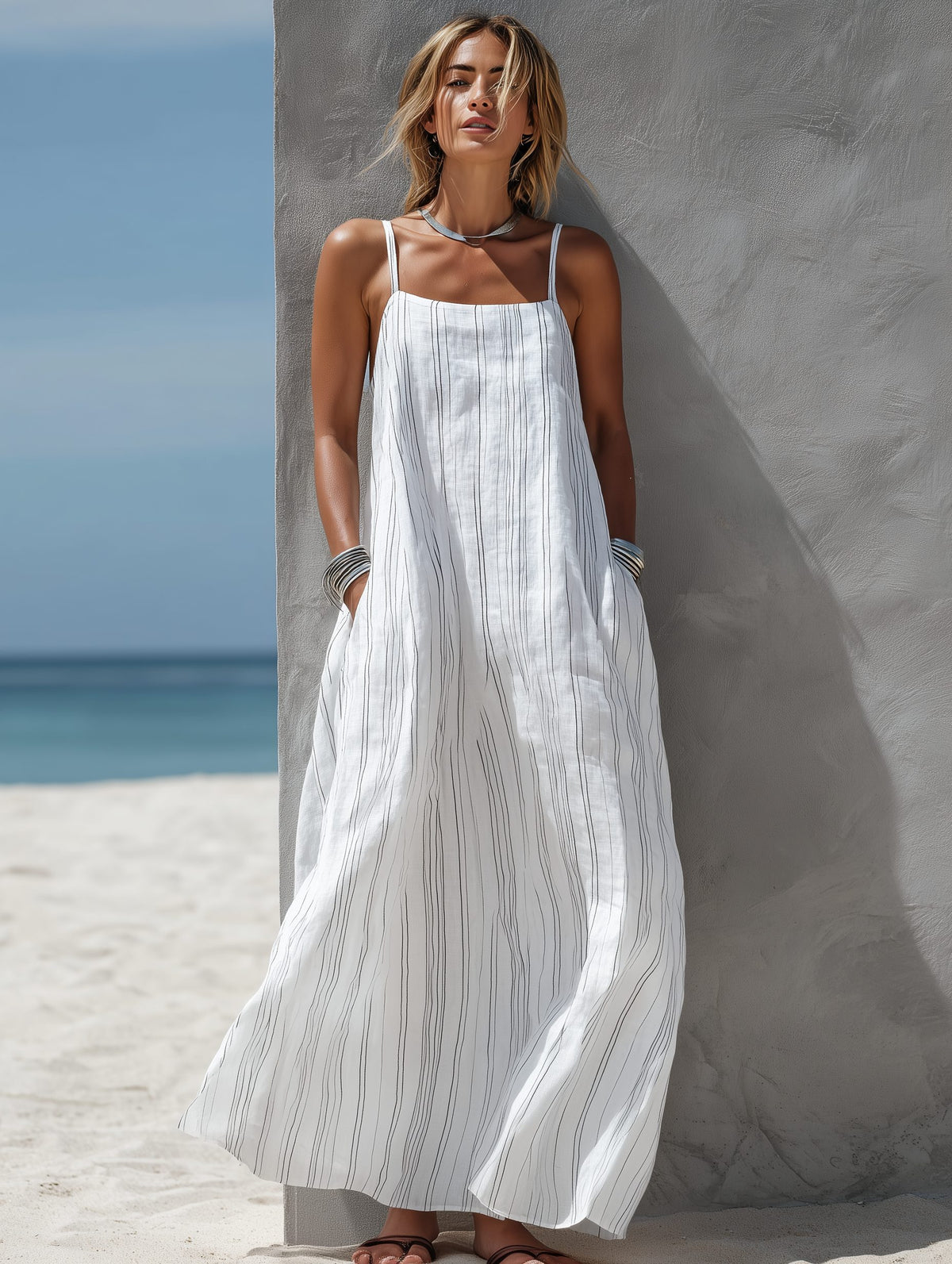 Vertical Striped Sleeveless Maxi Dress for Women - View 3