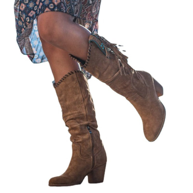 Fringe Block Heel Cowboy Boots for Women