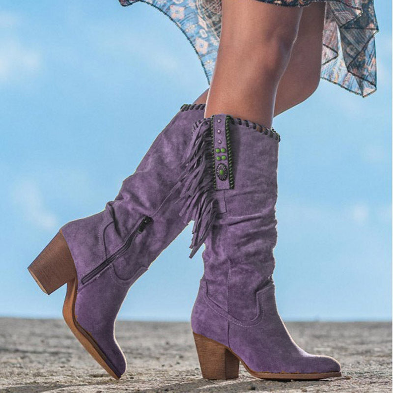 Fringe Block Heel Cowboy Boots for Women