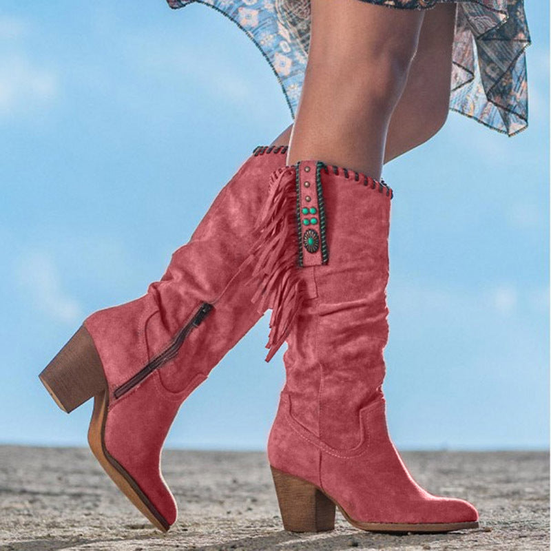 Fringe Block Heel Cowboy Boots for Women