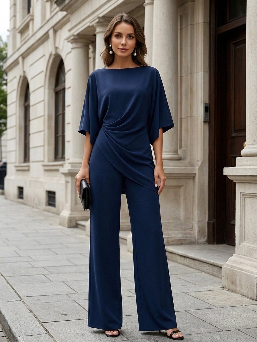 Wide Leg Draped Waist Cape Sleeve Set for Women - View 12