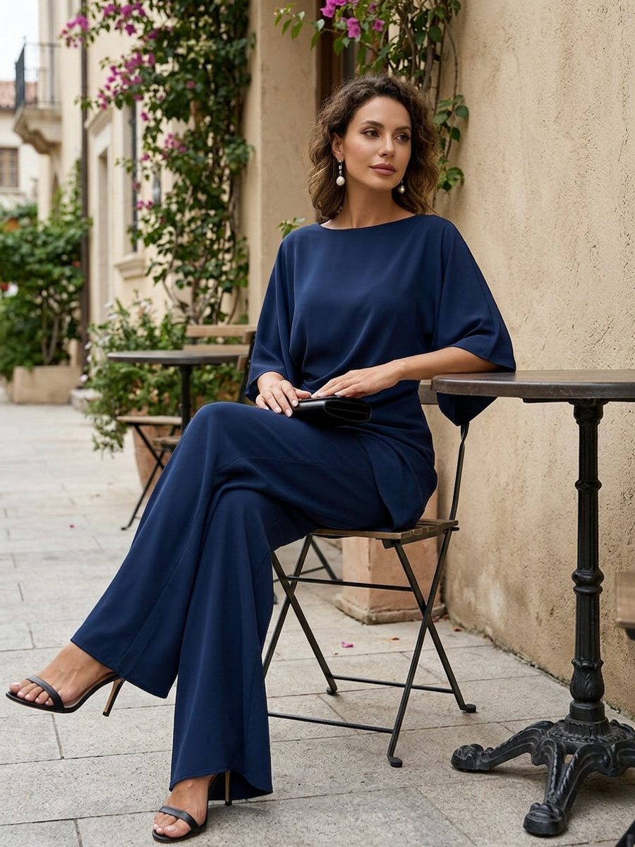 Wide Leg Draped Waist Cape Sleeve Set for Women - View 13