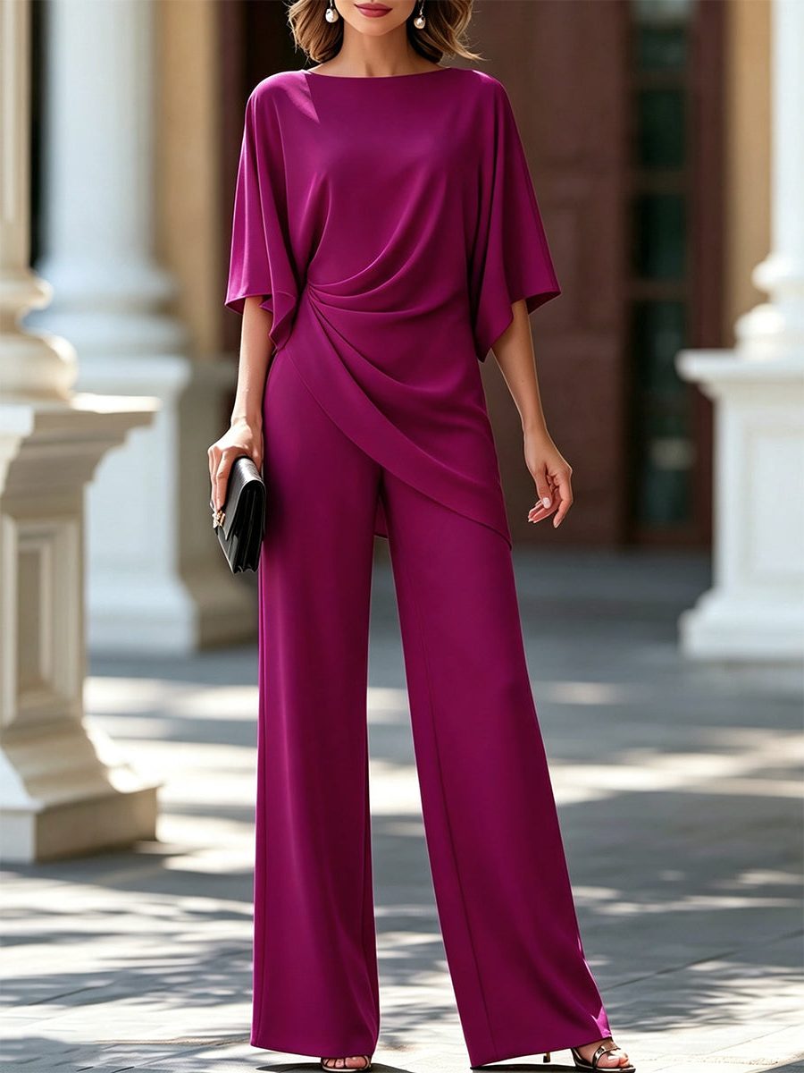 Wide Leg Draped Waist Cape Sleeve Set for Women - Fuchsia