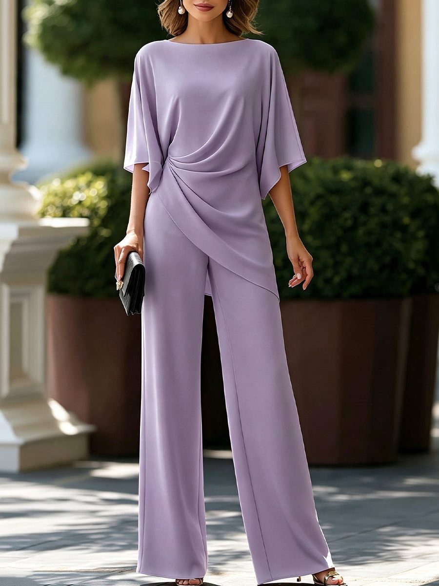 Wide Leg Draped Waist Cape Sleeve Set for Women - Lavender