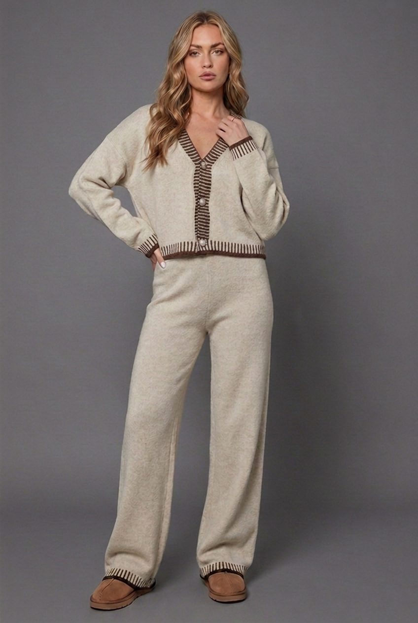Wide Leg Knit Cardigan Set for Women - Off White