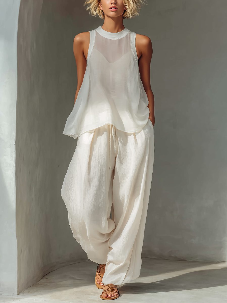 Wide Leg Linen Drawstring Trousers Set for Women